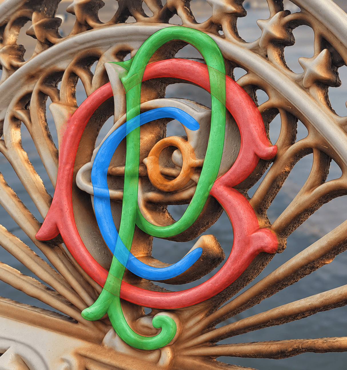 Colour tracing identifying the interlocked B.P.Co. letters in North Pier's cast-iron railing