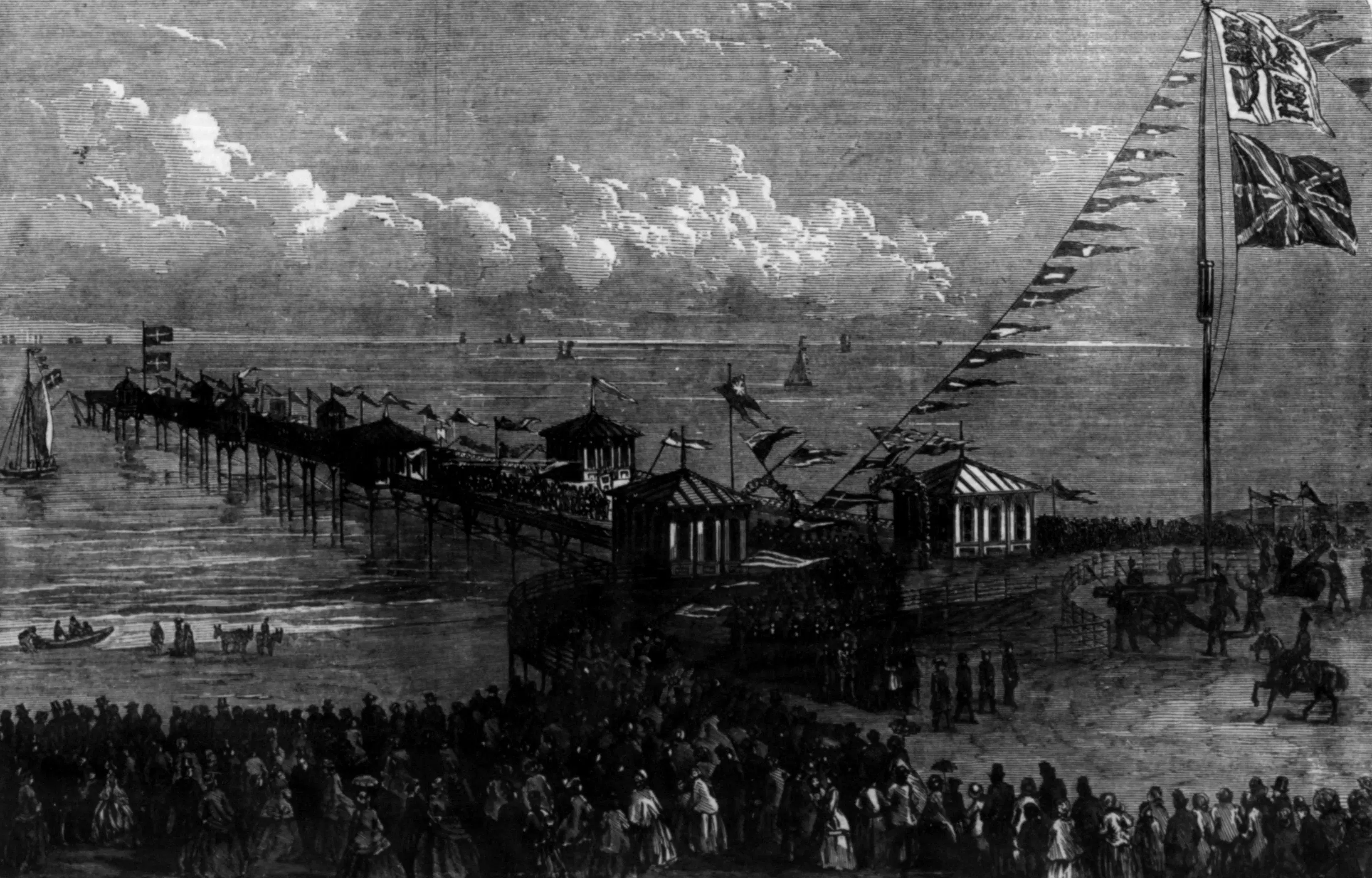 Victorian newspaper engraving showing the procession returning from Blackpool North Pier on its opening day