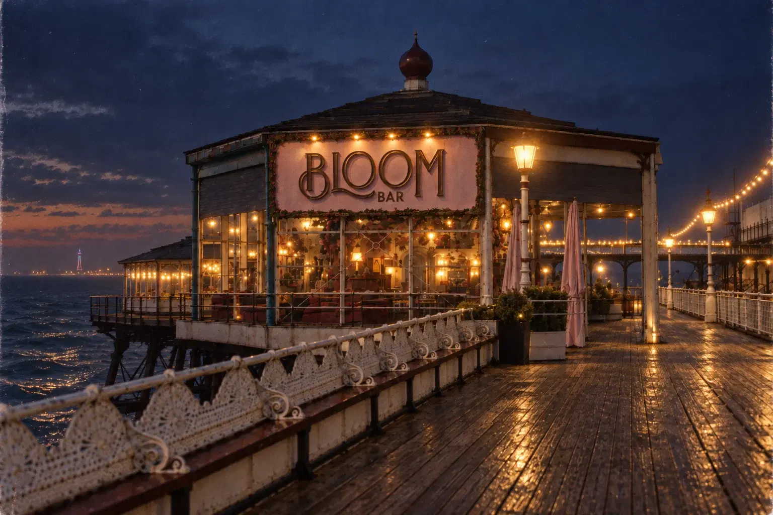 Illustrative placeholder of Bloom Bar illuminated at dusk