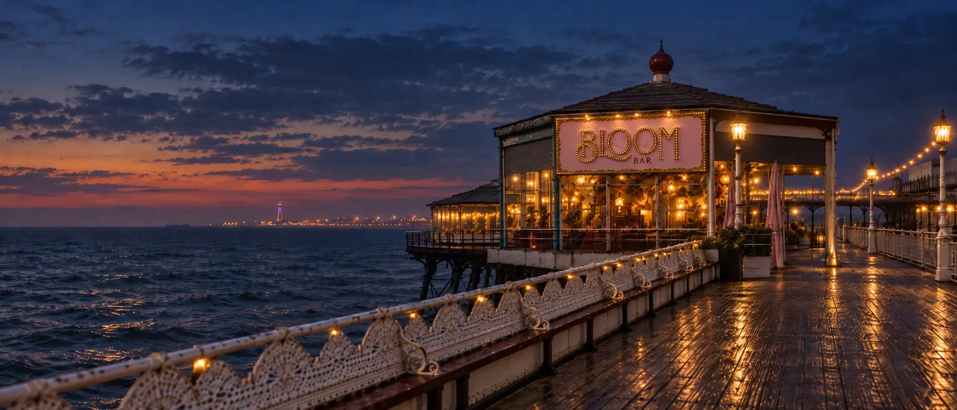 Bloom Bar illuminated at dusk on Blackpool North Pier